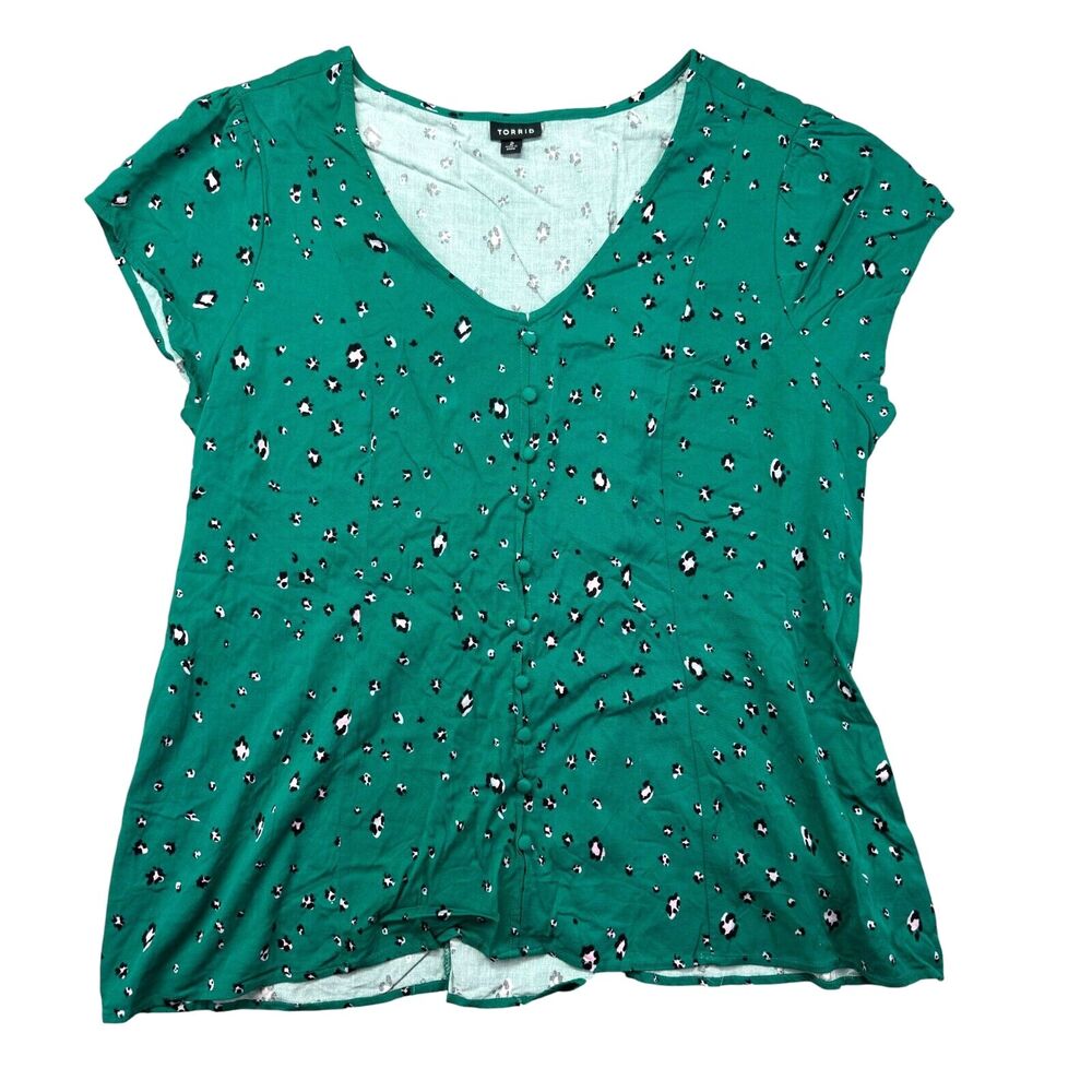 Torrid Top Women's 2 Green Leopard Animal Print Lace Up Corset Back Shirt Blouse